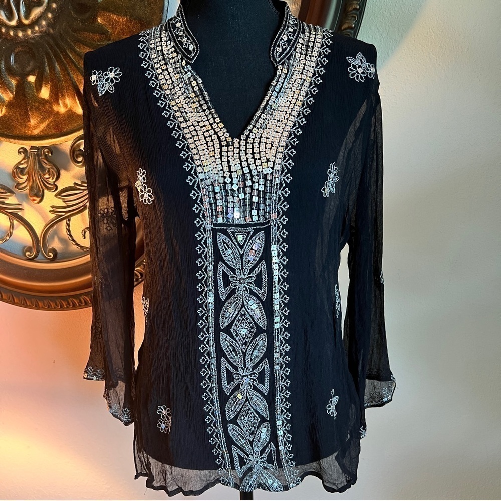Saint Tropez West Women’s Sheer Black 100% Silk Tunic Top Hand Sewn Sequins M